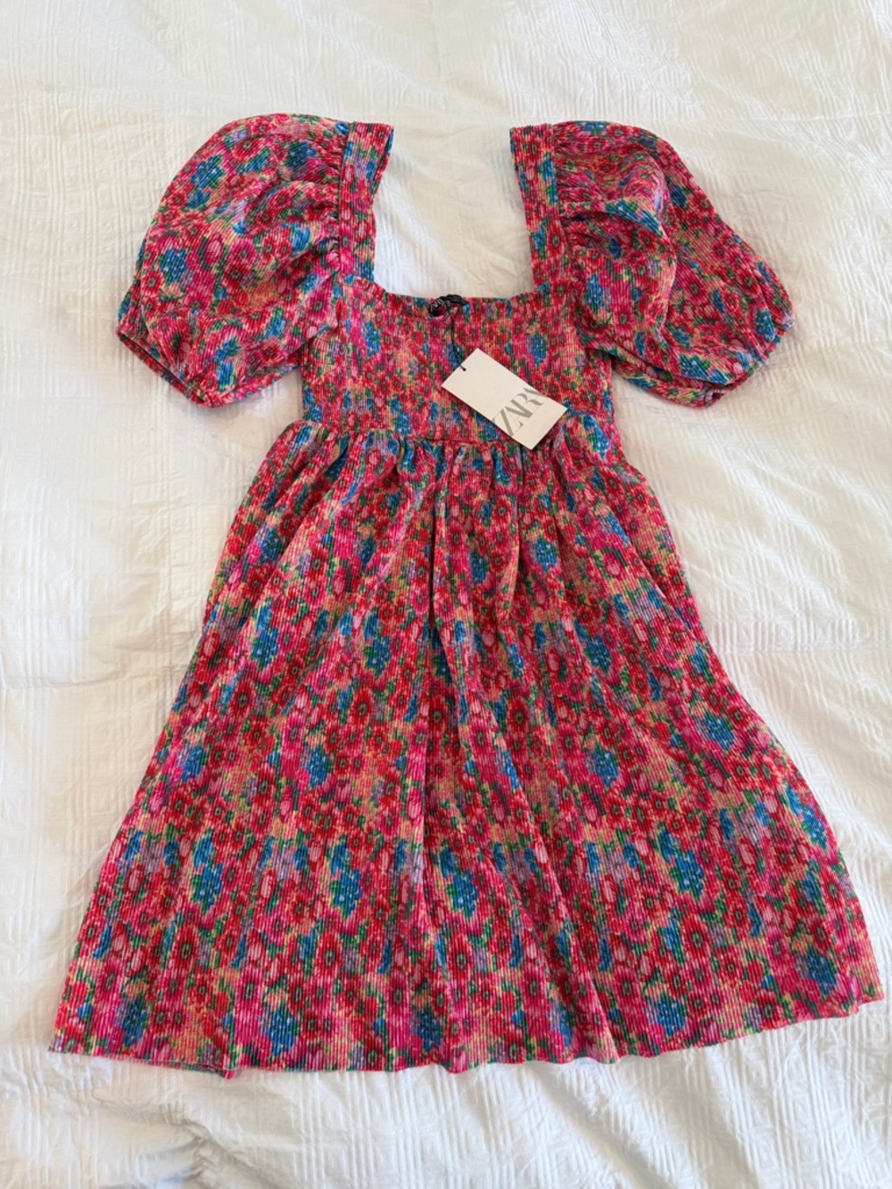 ZARA Floral Smocked Puff Sleeve Mini Dress Pink Blue Size S NWT